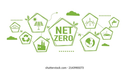 Net zero and carbon neutral concept. Net zero greenhouse gas emissions target. Climate neutral long term strategy with green net zero icon and green icon on white background.
