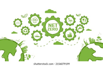 Net zero and carbon neutral concept. Net zero greenhouse gas emissions target. Climate neutral long term strategy with green net zero icon and green icon on green background.