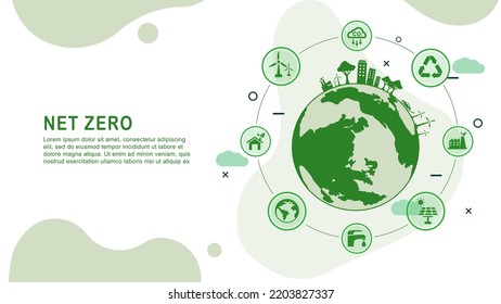 Concepto cero neto y neutro en carbono. Objetivo cero de emisiones netas de gases de efecto invernadero. Estrategia a largo plazo neutra en el clima con un icono verde neto cero y un icono verde sobre el fondo verde del mundo.	
