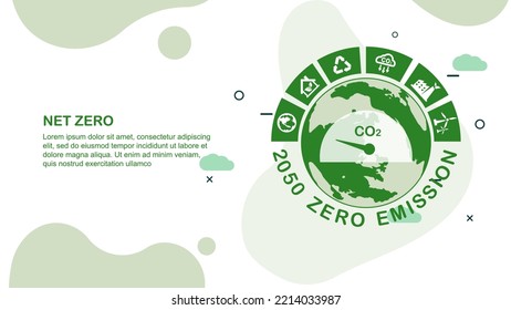 Concepto cero neto y neutro en carbono. Objetivo cero de emisiones netas de gases de efecto invernadero. Estrategia a largo plazo neutra en el clima con un icono verde neto cero y un icono verde sobre el fondo verde del mundo.
