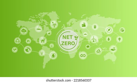 Net zero and carbon neutral concept. Net zero greenhouse gas emissions target. Climate neutral long term strategy with green net zero icon on green background with green eco city .