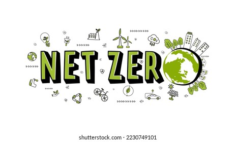 Net zero and carbon neutral concept. Net zero greenhouse gas emissions target. Climate neutral long term strategy with green net zero icon doodle  cartoon on white background.