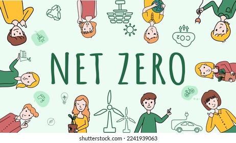 Net zero and carbon neutral concept. Net zero greenhouse gas emissions target. Climate neutral long term strategy with net zero icon on with doodle people cartoon.