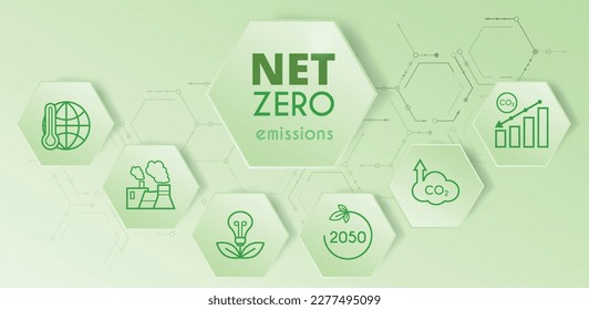 Net zero and carbon neutral concept. Hexagon banner on green background. Net zero greenhouse gas emissions target. Vector illustration.