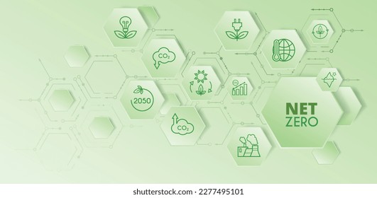 Concepto cero neto y neutro en carbono. Banner hexagonal sobre fondo verde. Objetivo cero de emisiones netas de gases de efecto invernadero. Ilustración vectorial.