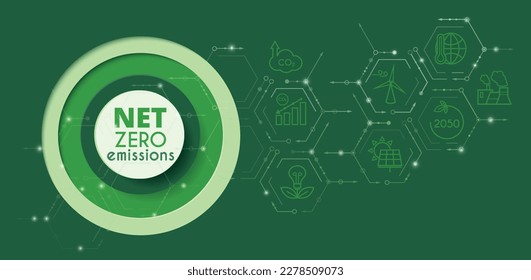 Net zero and carbon neutral concept. Hexagon banner on green background. Net zero greenhouse gas emissions target. Vector illustration.