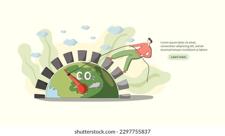 Net zero and carbon neutral concept. Character set target to reduce co2 and greenhouse gas emissions. Climate neutral long term strategy. Flat cartoon design vector lillustration.