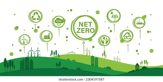 Net zero and carbon neutral concept. Net zero greenhouse gas emissions target. Climate neutral long term strategy with green net zero icon and green icon on green circles doodle background.	
