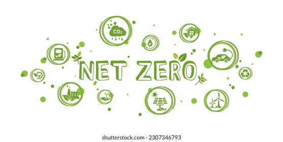 Net zero and carbon neutral concept. Net zero greenhouse gas emissions target. Climate neutral long term strategy with green net zero icon and green icon on green circles doodle background.