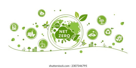 Net zero and carbon neutral concept. Net zero greenhouse gas emissions target. Climate neutral long term strategy with green net zero icon and on the world and green city with circles doodle backgroun