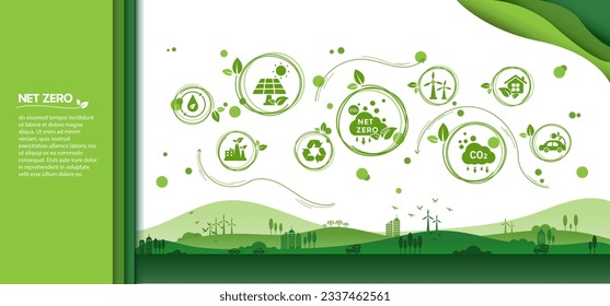 Net zero and carbon neutral concept. Net zero greenhouse gas emissions target. Climate neutral long term strategy with green net zero icon and on the world and green city with circle doodle background