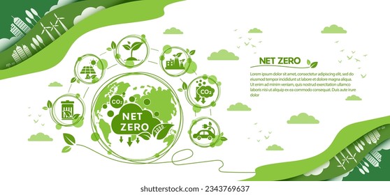 Net zero and carbon neutral concept. Net zero greenhouse gas emissions target. Climate neutral long term strategy with green net zero icon and on the world and green city with circles doodle backgroun