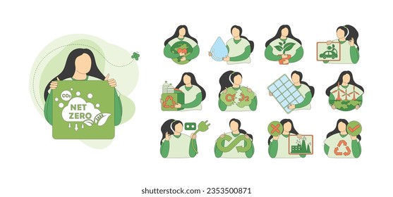 Net zero and carbon neutral concept. Net zero greenhouse gas emissions target, climate neutral long term strategy. Green net zero activities icons for environmental protection with people mega set.