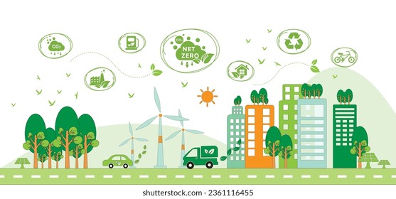 Net zero and carbon neutral concept. Net zero greenhouse gas emissions target. Climate neutral long term strategy with green net zero icon on green eco friendly city with circles doodle background.