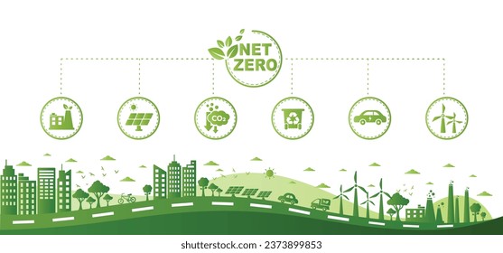 Net zero and carbon neutral concept. Net zero greenhouse gas emissions target. Climate neutral long term strategy with green net zero icon and on the world and green city with circle round.