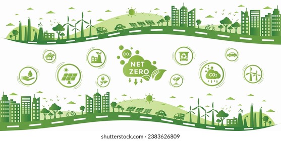 Net zero and carbon neutral concept. Net zero greenhouse gas emissions target. Climate neutral long term strategy, green net zero icon and on the world and green city with circles doodle background.