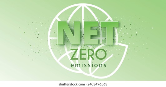 Net zero and carbon neutral concept. Hexagon banner on green background. Net zero greenhouse gas emissions target. Vector illustration.