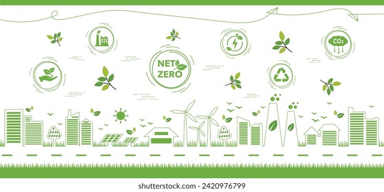 Net zero and carbon neutral concept. Net zero greenhouse gas emissions target. Climate neutral long term strategy, green net zero icon and on the world and green city with circles doodle background.