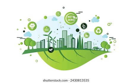 Net zero and carbon neutral concept. Net zero greenhouse gas emissions target. Climate neutral long term strategy with green net zero icons. Environment web banner with green city vector template.