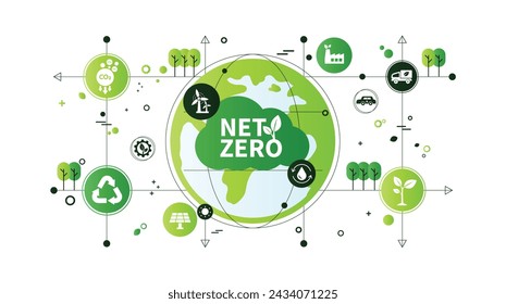 Net zero and carbon neutral concept. Net zero greenhouse gas emissions target. Climate neutral long term strategy with green net zero icon and on the world and green city with circles doodle backgroun