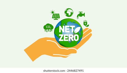 Net zero and carbon neutral concept Net zero greenhouse gas emissions target Hand holding a globe with a green health center icon on a gray background. Vector illustration