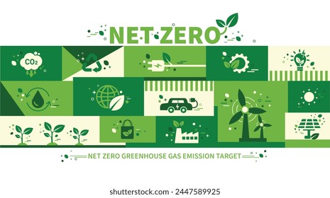 Net zero and carbon neutral concept. Net zero greenhouse gas emissions target. Climate neutral long term strategy with green net zero icons. Environment web banner with green city vector template.