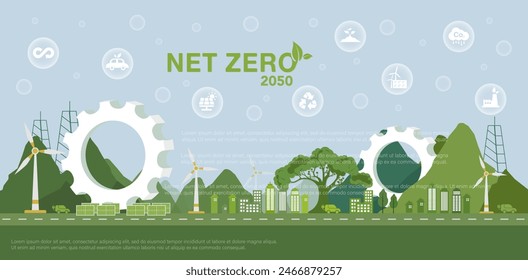 Concepto de cero neto y neutro en carbono. Objetivo de cero emisiones netas de gases de efecto invernadero. Estrategia a largo plazo climáticamente neutra. Ilustración vectorial