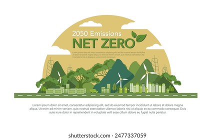 Net zero and carbon neutral concept. Net zero greenhouse gas emissions target. Climate neutral long term strategy. Vector illustration