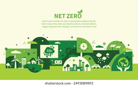 Netto-Null- und CO2-neutrales Konzept. Netto-Ziel für Treibhausgasemissionen Null. Klimaneutrale langfristige Strategie mit grünen Netto-Null-Symbolen. Umwelt Web Banner mit grüner Stadt Vektorgrafik Vorlage.