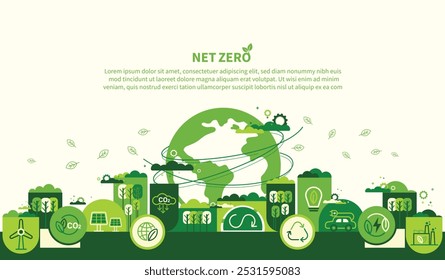 Conceito de zero líquido e neutro em carbono. Objetivo líquido de emissões nulas de gases com efeito de estufa. Estratégia a longo prazo com impacto neutro no clima com ícones verdes líquidos zero. Banner da Web de ambiente com modelo de vetor de cidade verde.