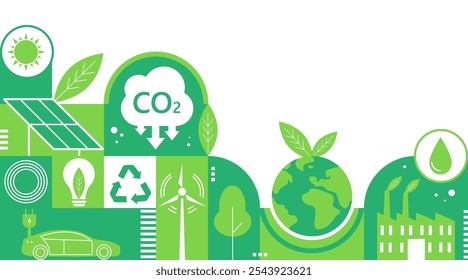 Conceito de zero líquido e neutro em carbono. Banner da Web de ambiente. Objetivo líquido de emissões nulas de gases com efeito de estufa. Estratégia com impacto neutro no clima com ícones verdes de rede zero.  Ilustração vetorial. 