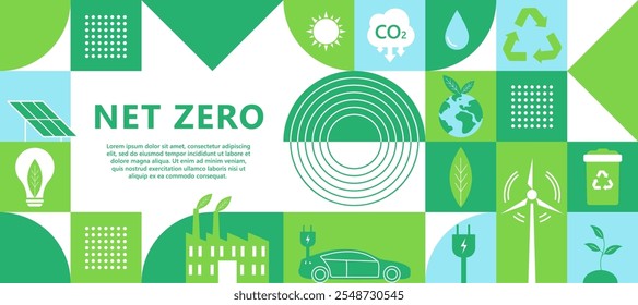 Net zero and carbon neutral concept. Environment web banner. Net zero greenhouse gas emissions target. Climate neutral strategy with green net zero icons.  Vector illustration. 