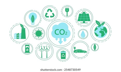 Net zero and carbon neutral concept. Environment web banner. Net zero greenhouse gas emissions target. Climate neutral strategy with green net zero icons.  Vector illustration. 