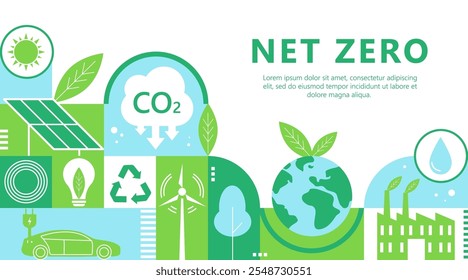 Net zero and carbon neutral concept. Environment web banner. Net zero greenhouse gas emissions target. Climate neutral strategy with green net zero icons.  Vector illustration. 