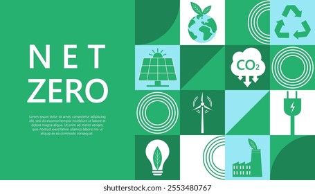 Net zero and carbon neutral concept. Environment web banner. Net zero greenhouse gas emissions target. Climate neutral strategy with green net zero icons.  Vector illustration. 