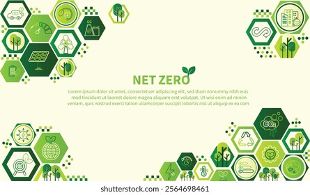 Net zero and carbon neutral concept.Net zero greenhouse gas emissions target.Climate neutral long term strategy with green net zero icons.Environment web banner with green vector template infographic.