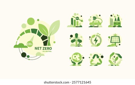 Net zero and carbon neutral concept. Net zero greenhouse gas emissions target. Climate neutral long term strategy with green net zero icons. Environment web banner with green city vector template.