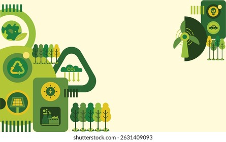 Net zero and carbon neutral concept. Net zero greenhouse gas emissions target. Climate neutral long term strategy with icons. World environment and sustainable development green city vector template.