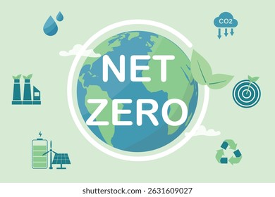 Net zero and carbon neutral concept. Globe with environmental icon for zero greenhouse gas emissions target Climate change long term strategy vector flat illustration.