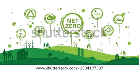 Net zero and carbon neutral concept. Net zero greenhouse gas emissions target. Climate neutral long term strategy with green net zero icon and green icon on green circles doodle background.	
