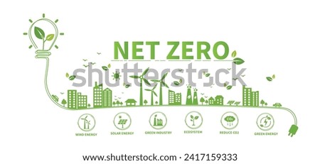 Net zero and carbon neutral concept. Net zero greenhouse gas emissions target. Climate neutral long term strategy with green net zero icon on the world and green city with circles doodle background.