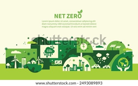 Net zero and carbon neutral concept. Net zero greenhouse gas emissions target. Climate neutral long term strategy with green net zero icons. Environment web banner with green city vector template.