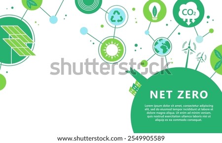 Net zero and carbon neutral concept. Environment web banner. Net zero greenhouse gas emissions target. Climate neutral strategy with green net zero icons.  Vector illustration. 