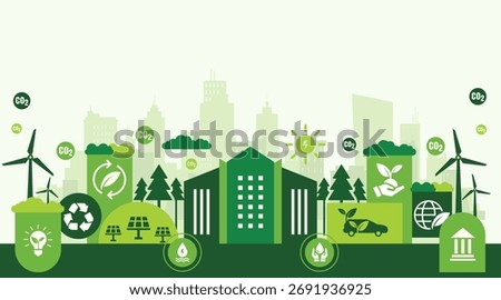 Net Zero and Carbon Neutral Concept Illustration with Green City and Sustainable Environment Design