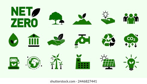 Net zero and carbon neutral concepts Net zero greenhouse gas emissions target with green and black health center icon on gray background.