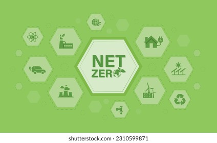 Net zero and carbon neutral at the goal of net zero greenhouse gas emissions Weather neutral long term strategy with green net zero and green icons.