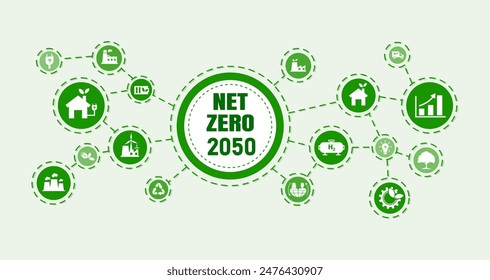 Net Zero and Carbon Neutral Greenhouse Gas Emissions Concept. Net Zero Greenhouse Gas Emissions Target with White Health Center Icon on Green Circle Background.