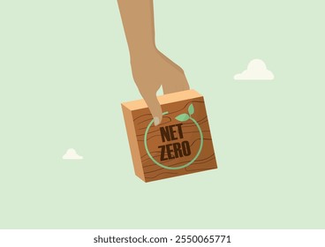 Net Zero Carbon Wooden Sign Environmental Concept. Hand holding wooden block with Net Zero text and leaf circle, representing environmental sustainability commitment. Vector illustration.CO2 emissions