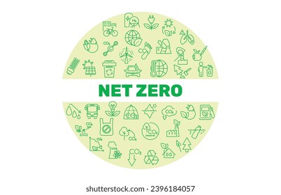 Netto Null Kreis grüner Banner. CO2-neutrales Konzept. Windturbine, Fahrrad, Glühbirne, CO2-Fußabdruck, Meerwasserreinigung, CO2-Molekül, Recycling, öffentliche Verkehrsmittel, grüne Fabrik. Vektorgrafik