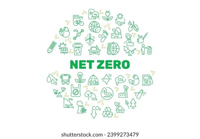 Netto Null Kreis grüner Banner. CO2-neutrales Konzept. Windturbine, Fahrrad, Glühbirne, CO2-Fußabdruck, Meerwasserreinigung, CO2-Molekül, Recycling, öffentliche Verkehrsmittel, grüne Fabrik. Vektorgrafik.